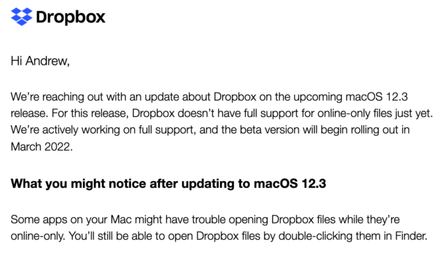 本周早些时候 Dropbox 发送给 Mac 用户的警告电子邮件。