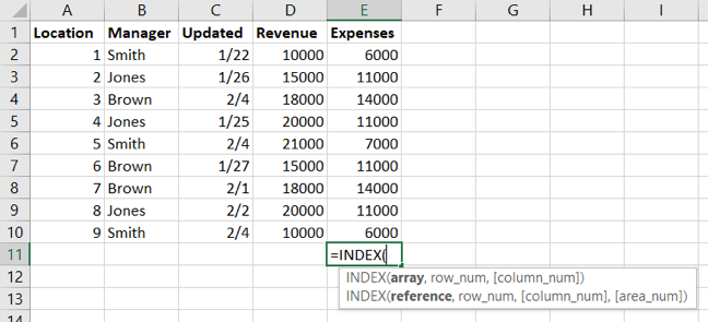 Excel 中的 INDEX 函数形式