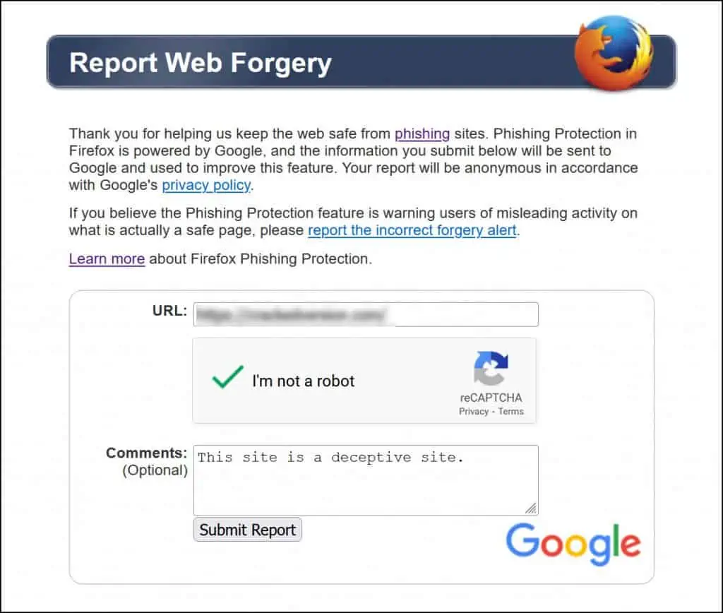 在 Firefox 中报告欺骗性网站