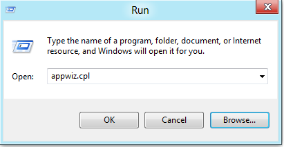 使用“Appwiz.cpl”运行 Box。  单击“确定”或按 Enter。